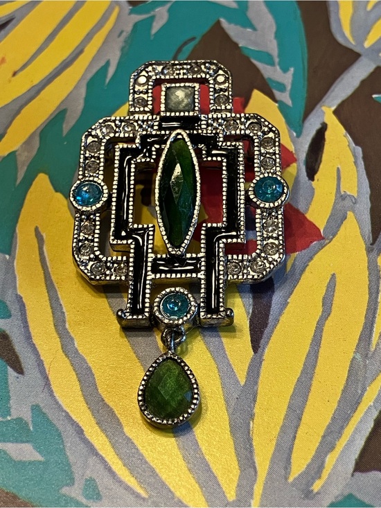 Jewelry - ART DECO ENAMELED BROOCH WITH PRONG SET CRYSTALS AND STONES
